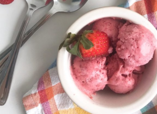 Image: A bowl of homemade all-natural 3 ingredient gluten-free, dairy-free strawberry ice cream