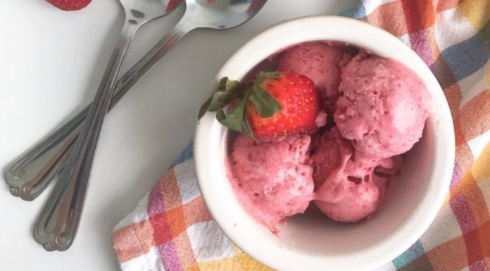 Image: A bowl of homemade all-natural 3 ingredient gluten-free, dairy-free strawberry ice cream
