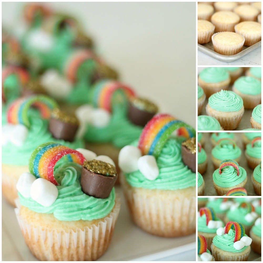 Image: Festive cupcakes with green frosting, decorated with candy rainbows and pots of gold