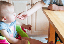 An older sibling feeds a toddler a cracker