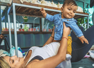 Bella exercising with her son (Baby Weight: How to Lose It Without Pressure Bella Behar Contributor Miami Mom Collective)