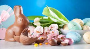 A chocolate Easter bunny with tulips and chocolate eggs (Celebrating Easter With A Creative Egg Hunt Jessica Alvarez-Ducos Contributor Miami Mom Collective)