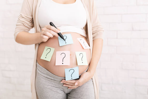 A pregnant woman with question marks on her belly (Covid-19, Labor & Visitation: What You Need to Know Dianna Hill Contributor Miami Mom Collective)