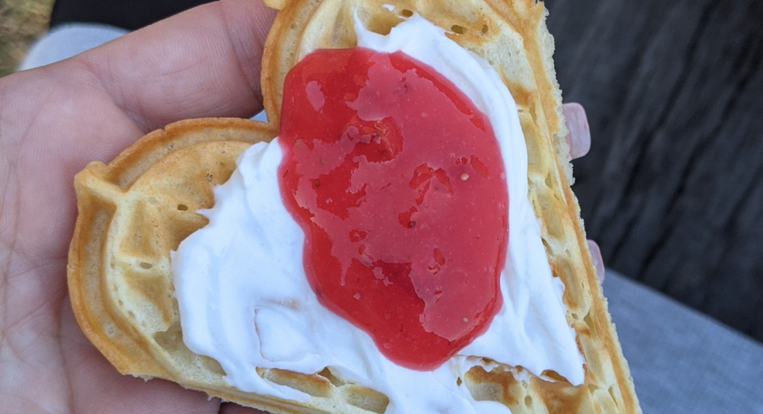 Strawberry jam and sour cream on a heart shaped waffle (International Waffle Day: Like Music to My Ears Rachel Hulsund Contributor Miami Mom Collective)