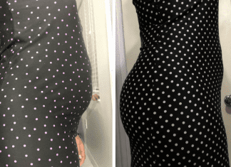 Before and after pictures of a woman in a polka dot dress (Group Fitness Training: 3 Things I Learned When I Joined Janeris Marte Contributor Miami Mom Collective)