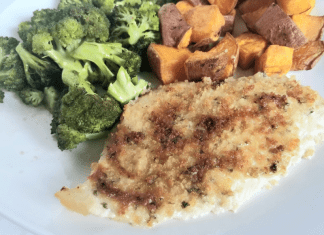 Image: A dinner plate with baked chicken, broccoli, and sweet potatoes (Creamy Crunchy Baked Chicken Dina Garcia Contributor Miami Mom Collective)