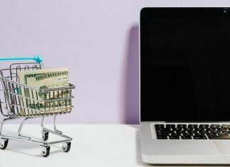 A laptop and a small grocery cart full of cash (Bargain Hunting: Money Saving Tips for Online Shopping Ana-Sofia DuLaney Contributor Miami Mom Collective)