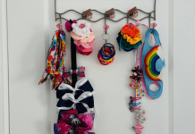 An example of a DIY hair accessory organizer for hair bows, hair ties, scrunchies, and face masks