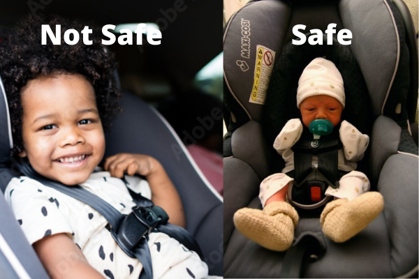 An image depicting safe vs. unsafe chest clip placement (Baby Safety Month: Helpful Tips for Keeping Your Little One Safe Dianna Hill Contributor Miami Mom Collective)