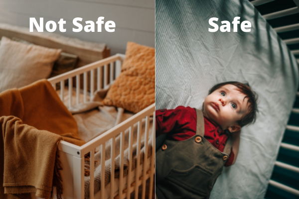 An image showing safe vs. unsafe sleeping surfaces (Baby Safety Month: Helpful Tips for Keeping Your Little One Safe Dianna Hill Contributor Miami Mom Collective)