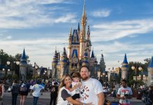 Image: Sandra with her husband and son in front of Cinderella's Castle at Disney (Disney at 50: Walt Disney World's Golden Birthday Celebration Sandra Jacquemin Contributor Miami Mom Collective)