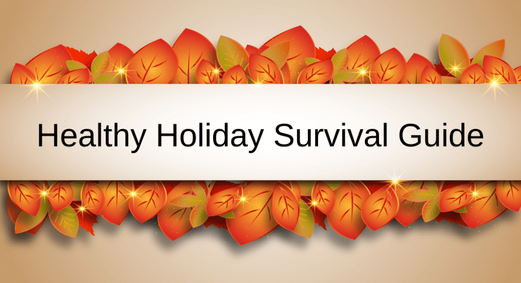Image: Orange and green fall leaves with a banner that reads "Healthy Holiday Survival Guide" (Healthy Holidays: A Survival Guide | Part 1 Dina Garcia Contributor Miami Mom Collective)