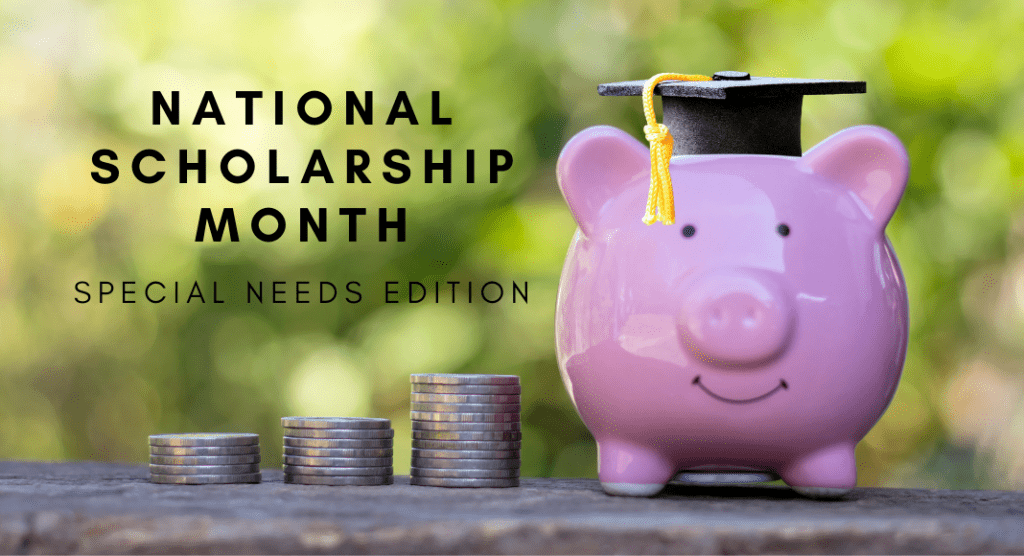 Image: A pink piggy bank next to a few stacks of coins (National Scholarship Month: Special Needs Edition Krystal Giraldo Contributor Miami Mom Collective)