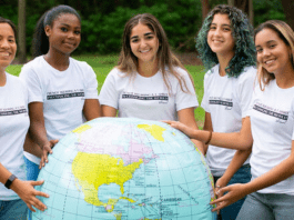 Image: A group of young women holding a large inflatable globe (Celebrating Human Rights Day Sandra Jacquemin Contributor Miami Mom Collective)