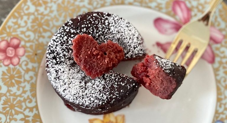 Image: A plated piece of red velvet soufflake (GF Instant Pot Soufflake: The Not-So-Lava Cake Rachelle Haime Contributor Miami Mom Collective)