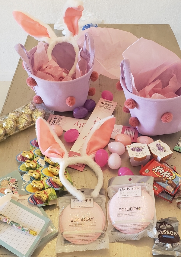 Chocolate bunnies, spa scrubbers, bunny ears, and other Easter basket ideas for teachers or co-workers