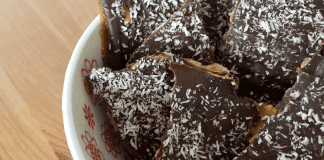 Image: A bowl of homemade chocolate toffee matzah