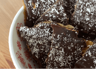 A bowl of homemade chocolate toffee matzah