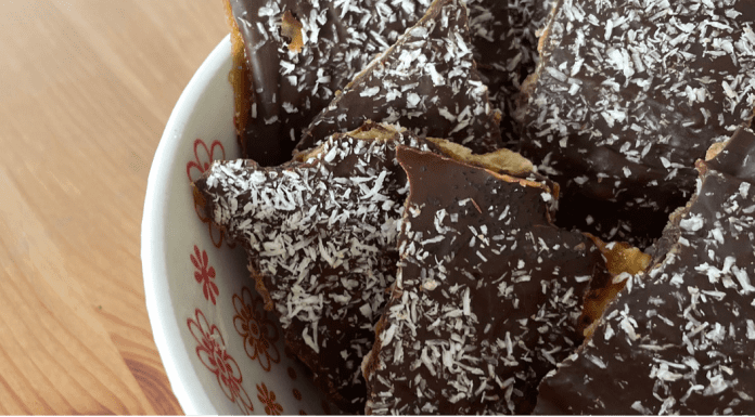 A bowl of homemade chocolate toffee matzah