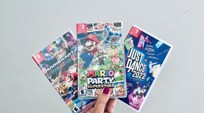 Three popular video games: Mario Kart, Mario Party, and Just Dance 2022