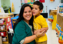 Krystal Giraldo and her son at a school event