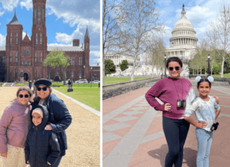Vanessa and her daughters in front of the Smithsonian Institution (left) and in front of the US Capitol (right)