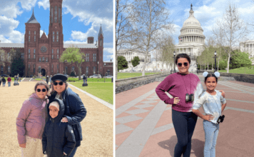 Vanessa and her daughters in front of the Smithsonian Institution (left) and in front of the US Capitol (right)