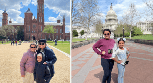 Vanessa and her daughters in front of the Smithsonian (left) and US Capitol (right)