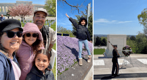 Vanessa's family enjoying the cherry blossoms on the National Mall (left & middle), and the Tomb of the Unknown Soldier at Arlington National Cemetery