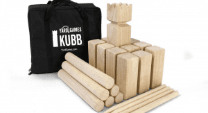 A wooden Kubb set