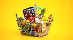 A shopping basket full of groceries