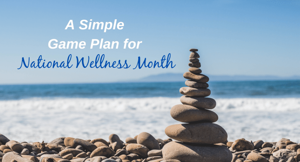 A pile of rocks stacked up on the shore with the text, "A Simple Game Plan for National Wellness Month"