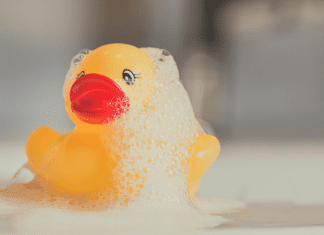 A sudsy rubber duck, the most popular bathtime toy