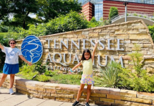 Two girls pose for a picture at the Tennessee Aquarium