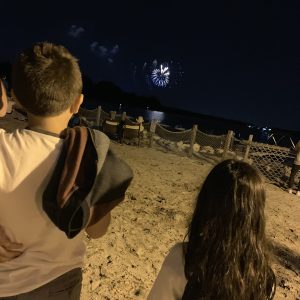 A family enjoying fireworks over the beach