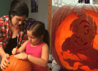 Diana helps her daughter carve a pumpkin for Halloween