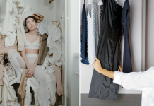 Image: A side-by-side of a woman sitting on a pile of clothes, next to another woman shopping for a dress
