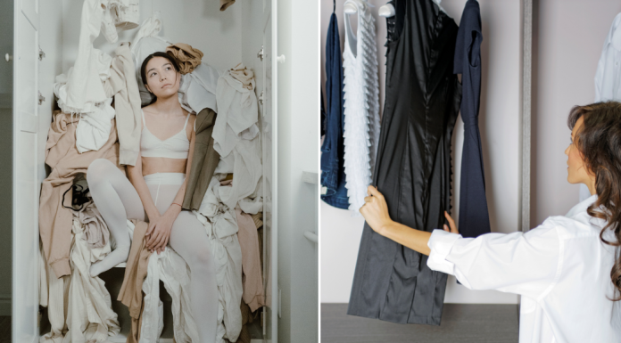 Image: A side-by-side of a woman sitting on a pile of clothes, next to another woman shopping for a dress