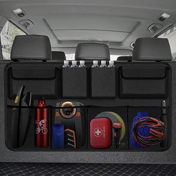 Image: A seat back organizer with emergency essentials