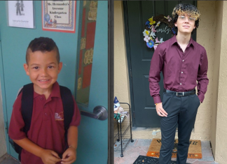 Image: A side-by-side of Natasha's son in kindergarten, and now a senior in high school