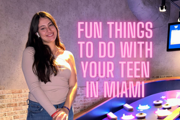 Image: A teenager at an arcade, with words that read "Fun things to do with your teen in Miami"