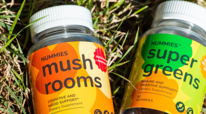 Image: Two bottles of supplements from Nummies: Mushrooms and Super Greens