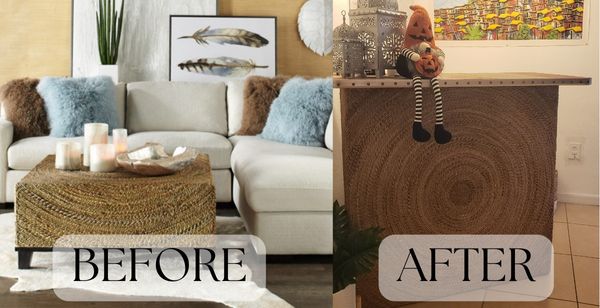 Image: Before and after images of a designer coffee table that was donated and repurposed as a small bar